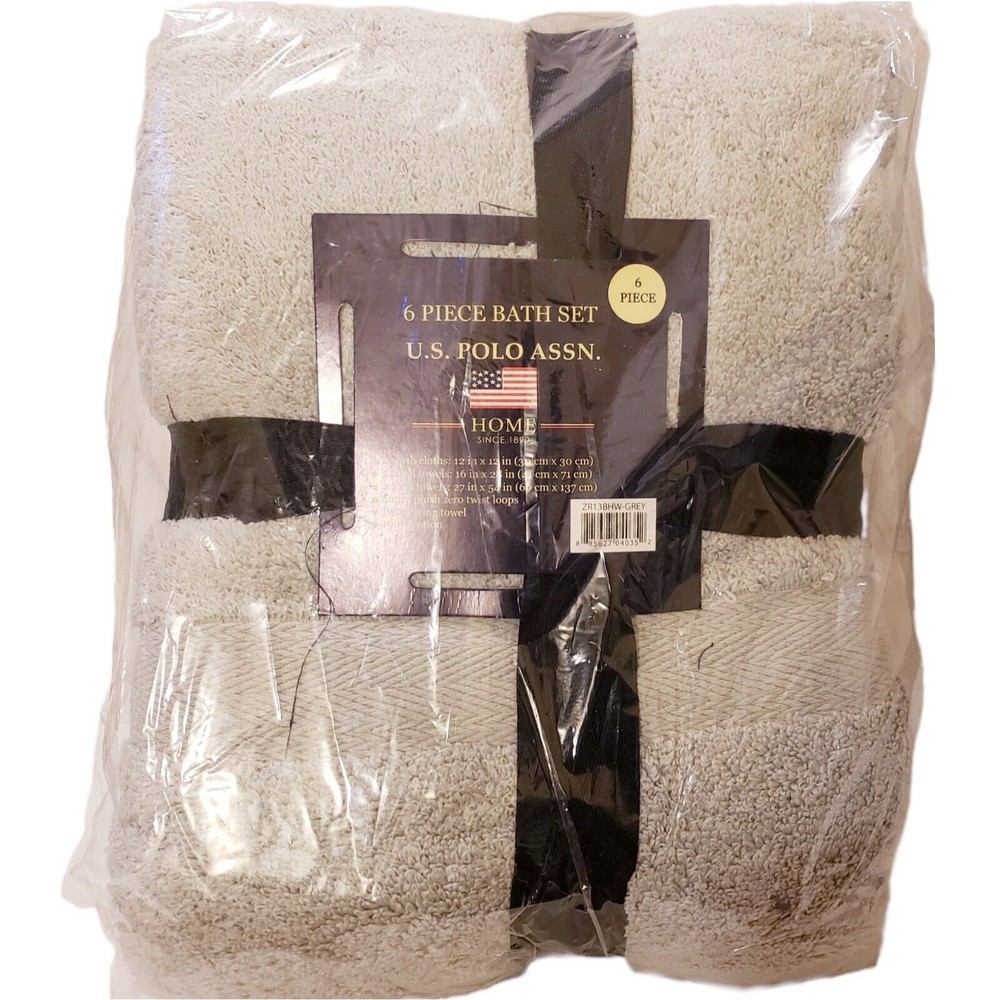 NEW US Polo Assn. Home 6 Piece Bath Towel Set Gray Fast Drying
